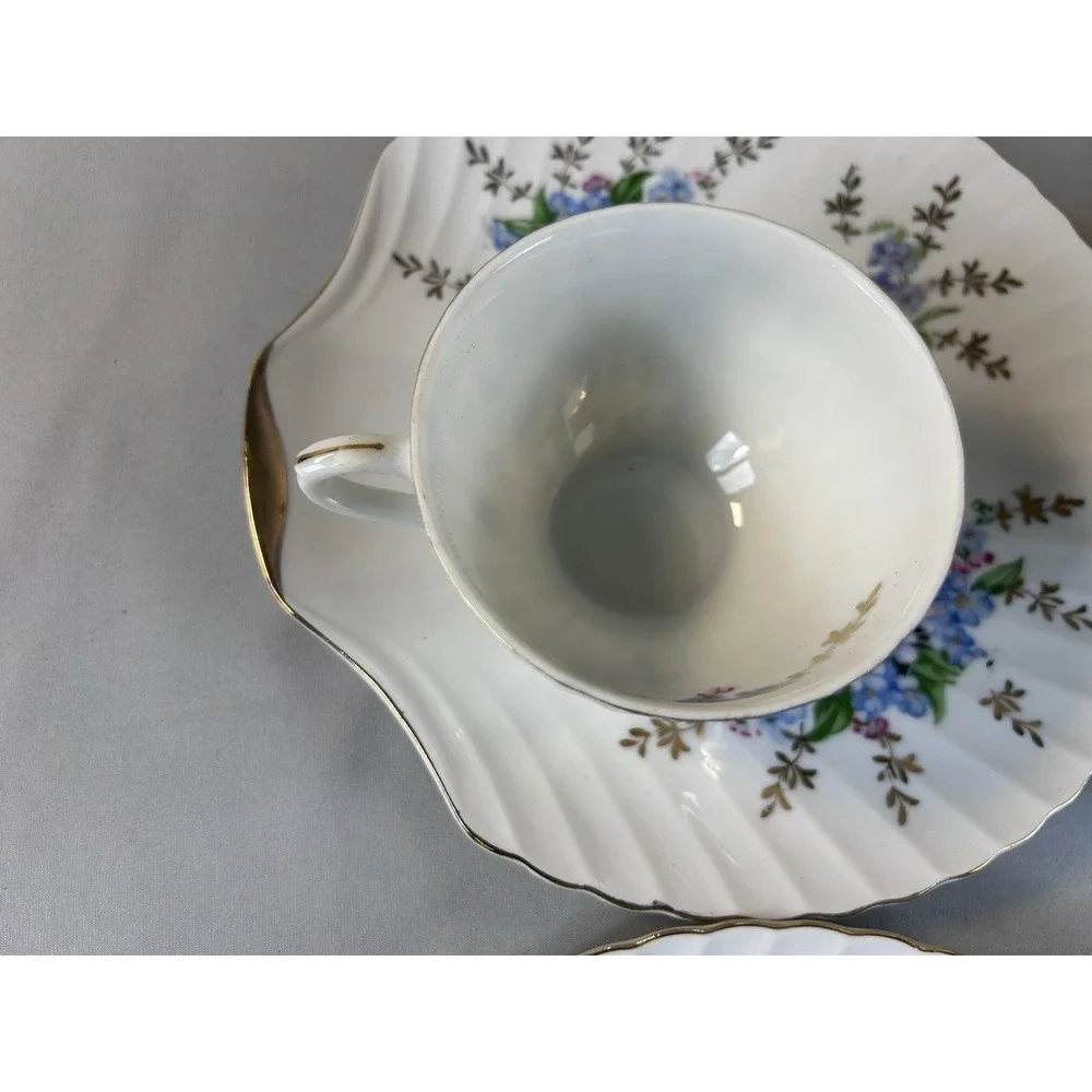 Vintage Japan Tea Cup Saucer Set 4 Blue Floral‎ Gold Trim Scalloped